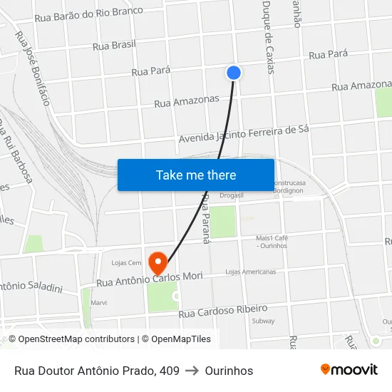 Rua Doutor Antônio Prado, 409 to Ourinhos map