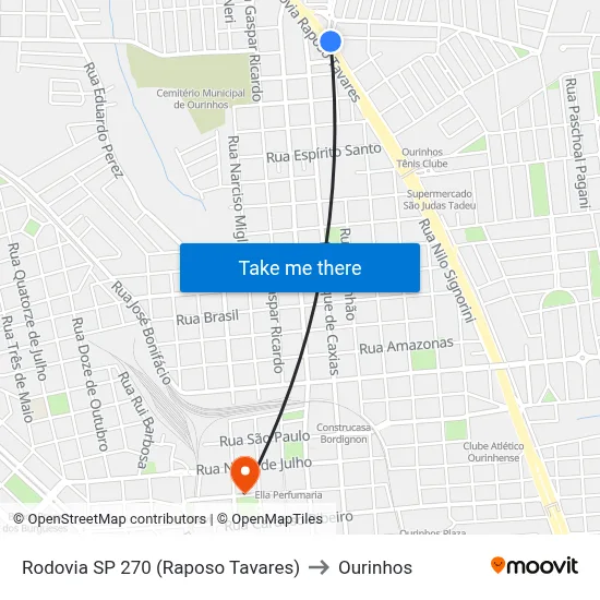 Rodovia SP 270 (Raposo Tavares) to Ourinhos map