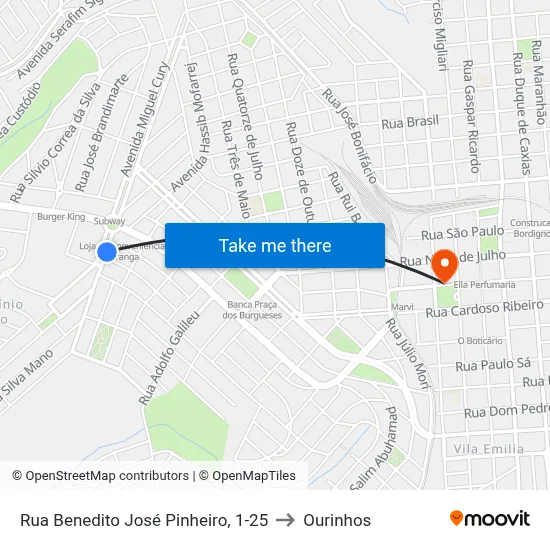Rua Benedito José Pinheiro, 1-25 to Ourinhos map