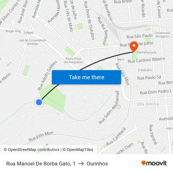 Rua Manoel De Borba Gato, 1 to Ourinhos map