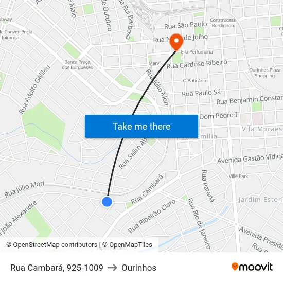Rua Cambará, 925-1009 to Ourinhos map