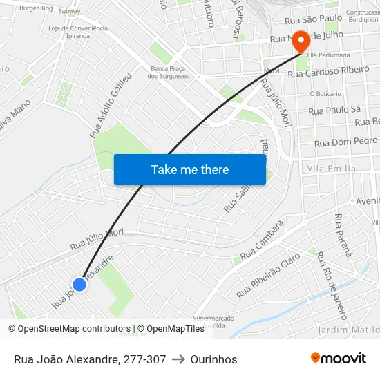 Rua João Alexandre, 277-307 to Ourinhos map