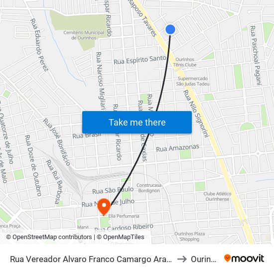 Rua Vereador Alvaro Franco Camargo Aranha, 365 to Ourinhos map