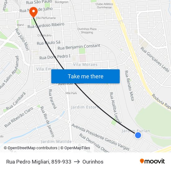 Rua Pedro Migliari, 859-933 to Ourinhos map