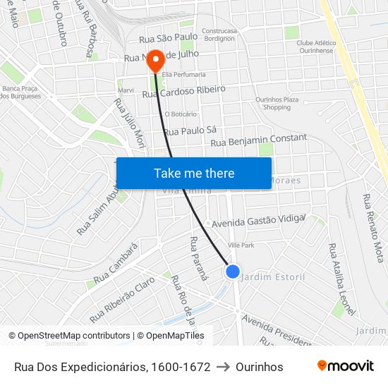 Rua Dos Expedicionários, 1600-1672 to Ourinhos map