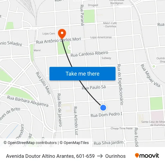 Avenida Doutor Altíno Arantes, 601-659 to Ourinhos map