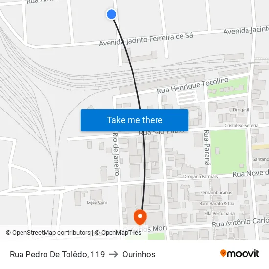 Rua Pedro De Tolêdo, 119 to Ourinhos map