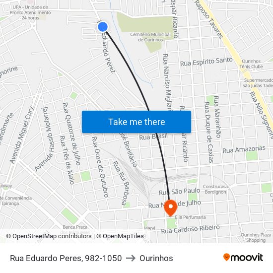 Rua Eduardo Peres, 982-1050 to Ourinhos map