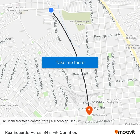 Rua Eduardo Peres, 848 to Ourinhos map