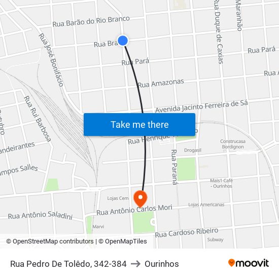 Rua Pedro De Tolêdo, 342-384 to Ourinhos map