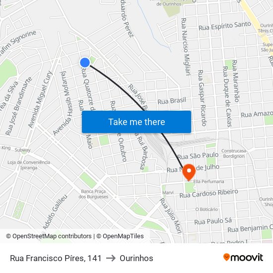 Rua Francisco Píres, 141 to Ourinhos map