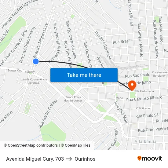 Avenida Miguel Cury, 703 to Ourinhos map