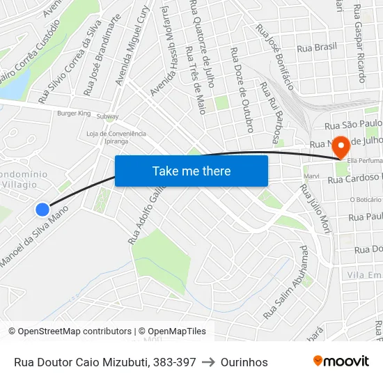 Rua Doutor Caio Mizubuti, 383-397 to Ourinhos map