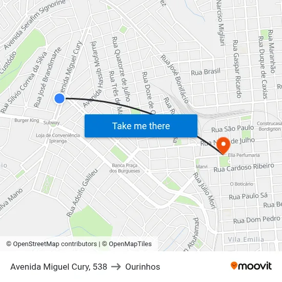 Avenida Miguel Cury, 538 to Ourinhos map