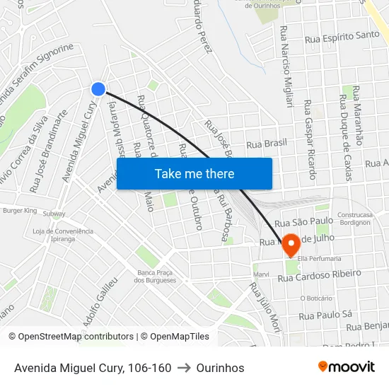 Avenida Miguel Cury, 106-160 to Ourinhos map