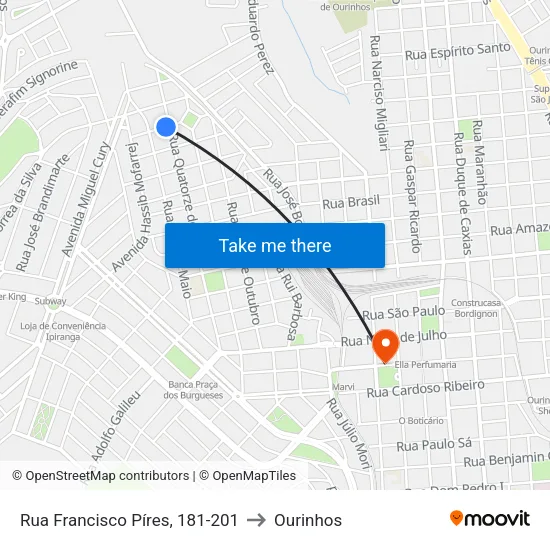 Rua Francisco Píres, 181-201 to Ourinhos map