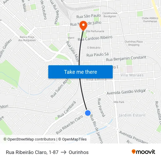 Rua Ribeirão Claro, 1-87 to Ourinhos map