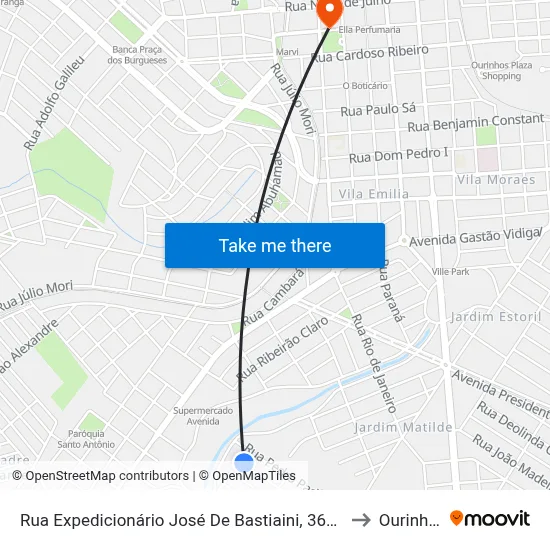 Rua Expedicionário José De Bastiaini, 361-500 to Ourinhos map