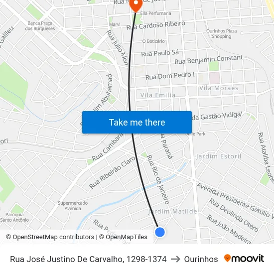 Rua José Justino De Carvalho, 1298-1374 to Ourinhos map