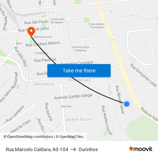 Rua Marcelo Caldara, 60-104 to Ourinhos map