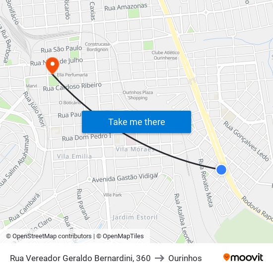 Rua Vereador Geraldo Bernardini, 360 to Ourinhos map