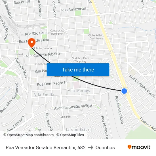Rua Vereador Geraldo Bernardini, 682 to Ourinhos map