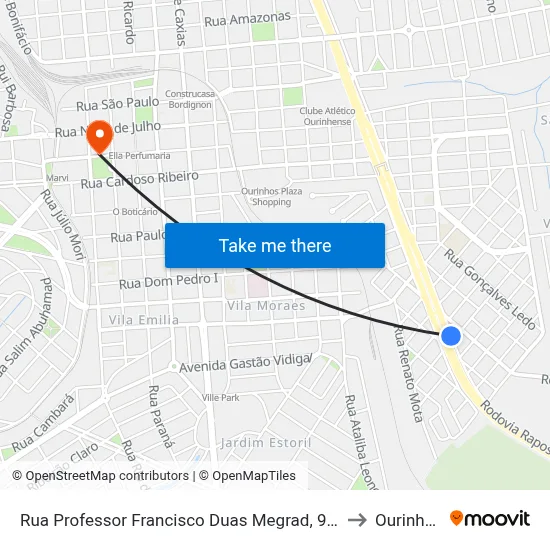 Rua Professor Francisco Duas Megrad, 927 to Ourinhos map