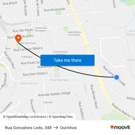 Rua Gonçalves Ledo, 348 to Ourinhos map