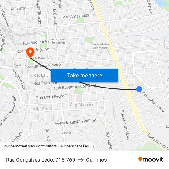 Rua Gonçalves Ledo, 715-769 to Ourinhos map