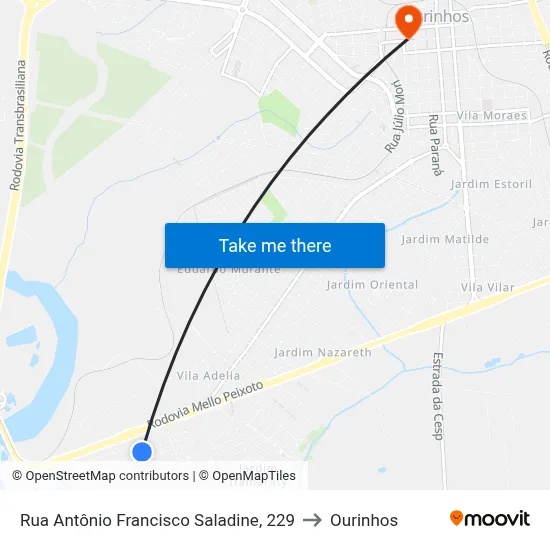 Rua Antônio Francisco Saladine, 229 to Ourinhos map