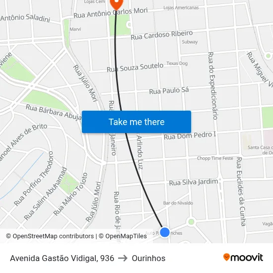Avenida Gastão Vidigal, 936 to Ourinhos map
