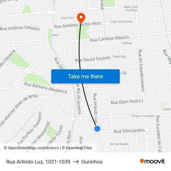 Rua Arlíndo Luz, 1021-1039 to Ourinhos map