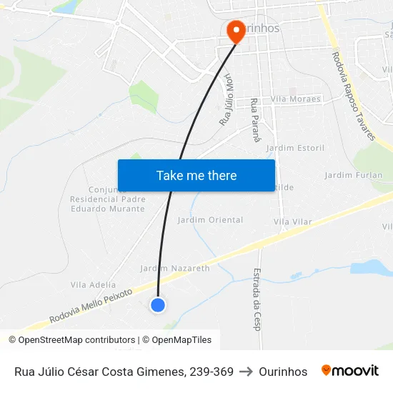 Rua Júlio César Costa Gimenes, 239-369 to Ourinhos map
