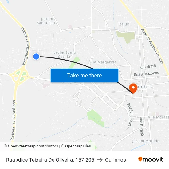 Rua Alice Teixeira De Oliveira, 157-205 to Ourinhos map