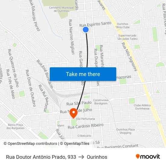 Rua Doutor Antônio Prado, 933 to Ourinhos map