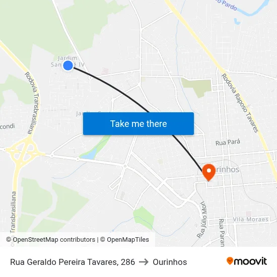 Rua Geraldo Pereira Tavares, 286 to Ourinhos map