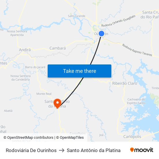 Rodoviária De Ourinhos to Santo Antônio da Platina map