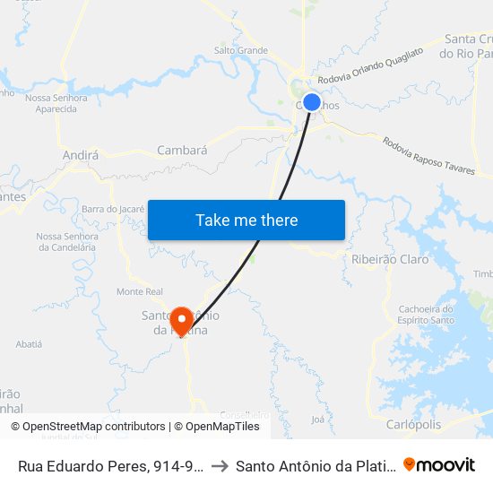 Rua Eduardo Peres, 914-976 to Santo Antônio da Platina map