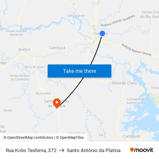 Rua Kolio Teshima, 372 to Santo Antônio da Platina map