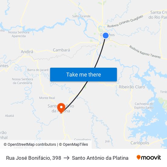 Rua José Bonifácio, 398 to Santo Antônio da Platina map