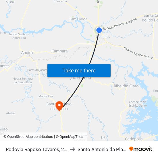 Rodovia Raposo Tavares, 2428 to Santo Antônio da Platina map