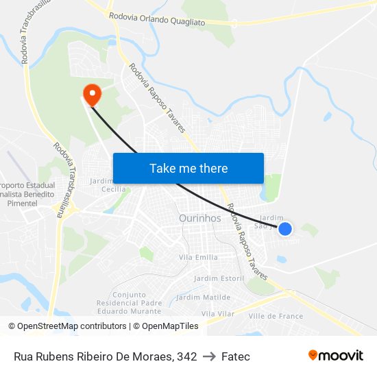 Rua Rubens Ribeiro De Moraes, 342 to Fatec map