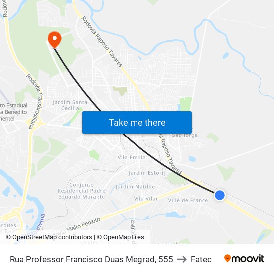 Rua Professor Francisco Duas Megrad, 555 to Fatec map