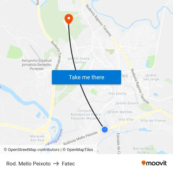 Rod. Mello Peixoto to Fatec map