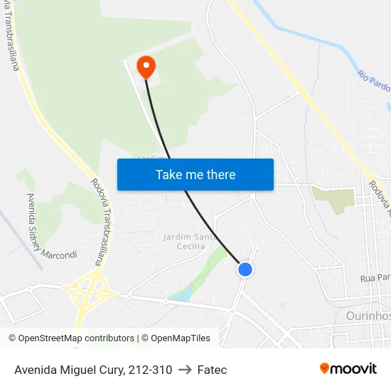 Avenida Miguel Cury, 212-310 to Fatec map