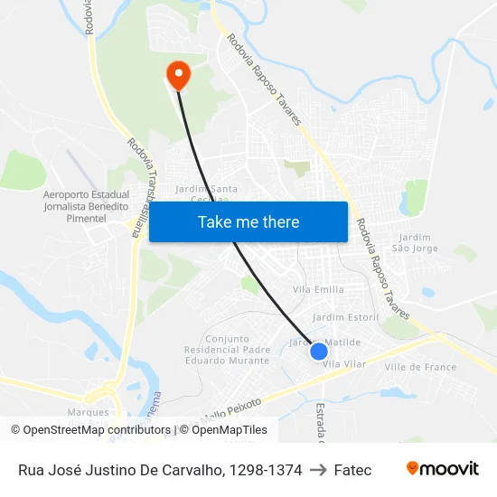 Rua José Justino De Carvalho, 1298-1374 to Fatec map