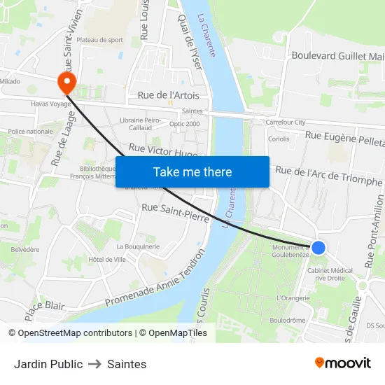 Jardin Public to Saintes map