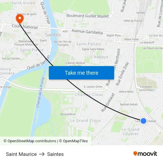 Saint Maurice to Saintes map