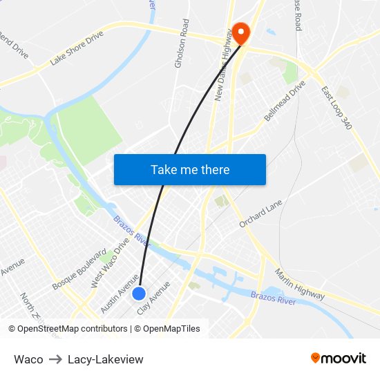 Waco to Lacy-Lakeview map