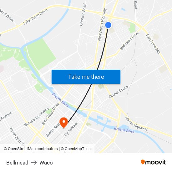 Bellmead to Waco map